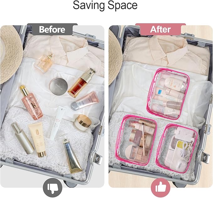 PACKISM TSA Approved Toiletry Bag 2 Pack - 1 Medium TSA Quart Carry-On & 1 Large for Checked Luggage, Water-resistant Clear Makeup Bag Clear Travel Bags for Toiletries, Matte Rose Red