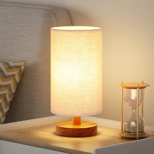 Small Table Lamps (Beige Shade - Walnut Base, 9" Inline Control) | 3000K LED Blub Included | 680 Lumens | Easy Assembly | Minimalist Design | E26 | for Kitchen | for Kids Room