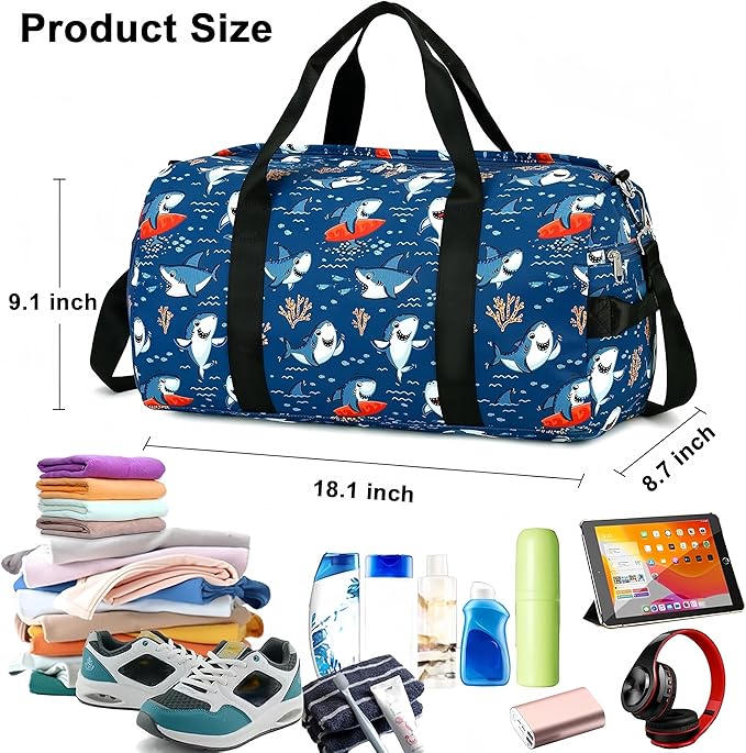CAMTOP Kids Duffel Overnight Bag for Boys and Girls Toddler Carry-On Size Tote for Travel Duffle Gym Sport (Shark-Dark Blue)