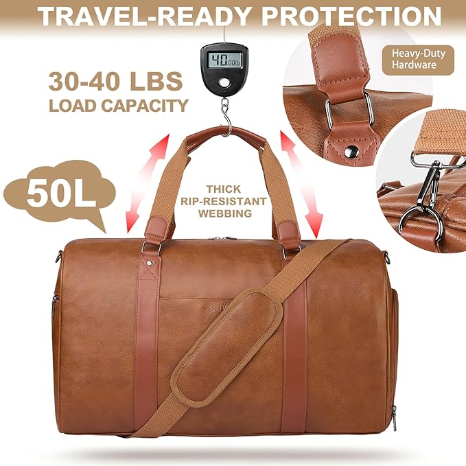 Large 3-in-1 Leather Duffle Bag for Travel Weekender Overnight Hospital Gym Bag for Men & Women, Carry On Airline Approved Personal Item Duffel Garment Bag Luggage with Shoe Compartment & Toiletry Bag