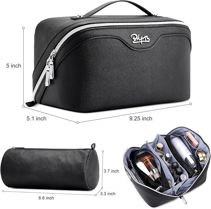 BOYATU Travel Makeup Bag Organizer Cosmetic Bag: 3 Pcs Set Make up Bags for Women with Handle - Waterproof Vegan Leather Toiletry Bags Travel Essentials Pouch with Compartments (C-01-Black)