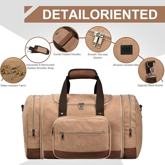 Litvyak Duffle Bag for Travel, 50L Canvas Travel Duffel Bags Overnight Weekend Gym Carry On Luggage Bag for Men & Women(Coffee+Toiletry Bag)