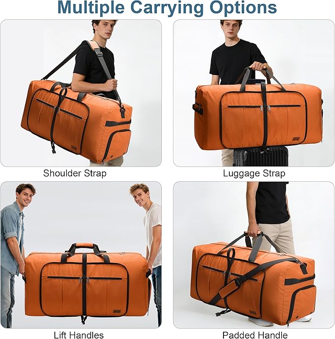 120L Foldable Waterproof Travel Duffel Bag for Men and Women with Shoe Compartment (Orange, EXTRA LARGE, 120L)