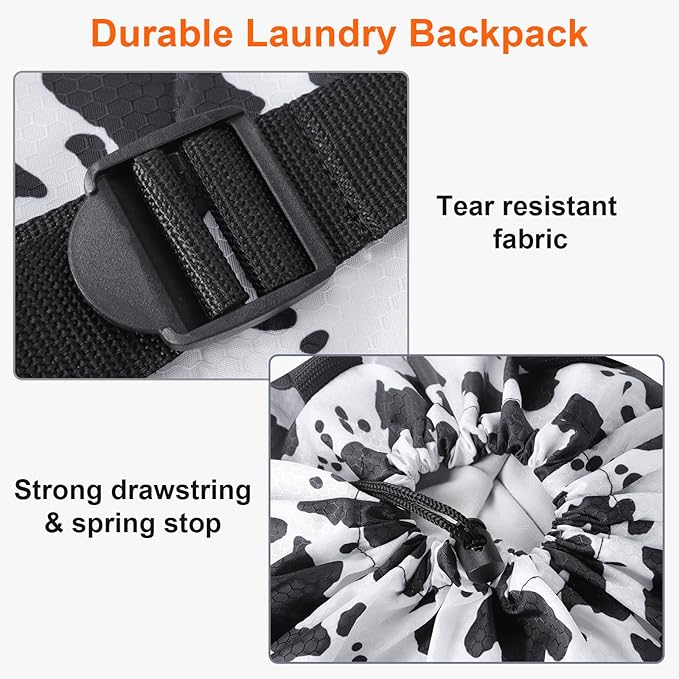 Laundry Bag Backpack Durable Laundry Bag with Shoulder Straps and Mesh Pockets Portable Laundry Dirty Clothes Hamper Bag for College Dorm (Cow Print)