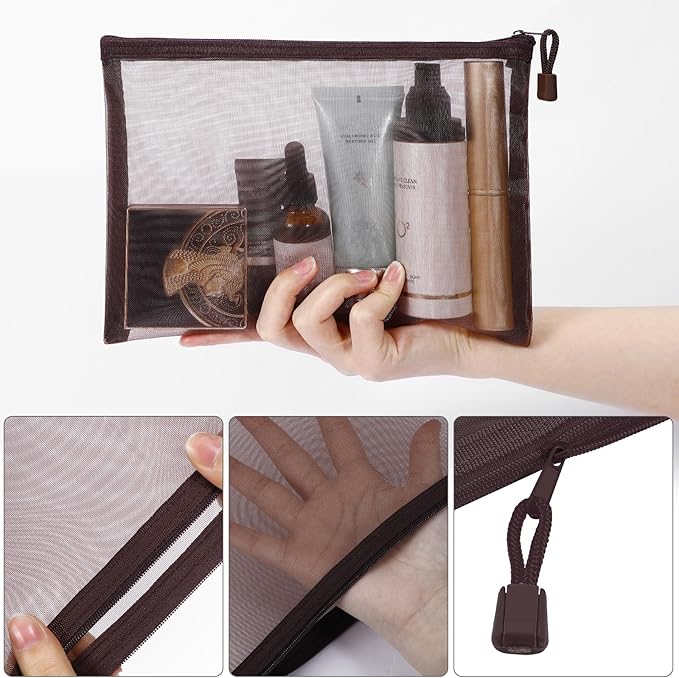 12 Pieces Zipper Nylon Mesh Pouch, Mesh Cosmetic Bags Makeup Bags Pencil Case, Multipurpose Travel Bags for Cosmetic School Office Supplies and Travel Accessories (Coffee, A5)