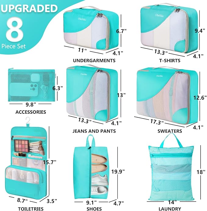 8 Set Packing Cubes for Travel, Gifts for Women Mom,Anti-Tearing Suitcase Organizer for Luggage with Shoe & Hanging Toiletry Bag,OlarHike Vacation Essentials & Accessories for Cruise Ship