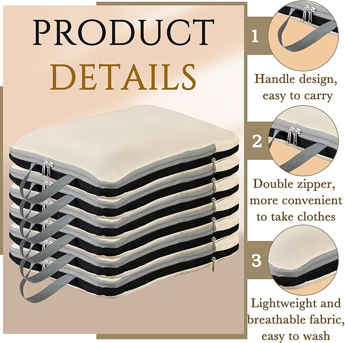 Hosuly 6 Pcs Ultralight Compression Packing Cubes for Travel 17.3 x 12.6'' XL Large Expandable Luggage Organizers for Save Space Family Long Trips (Beige)