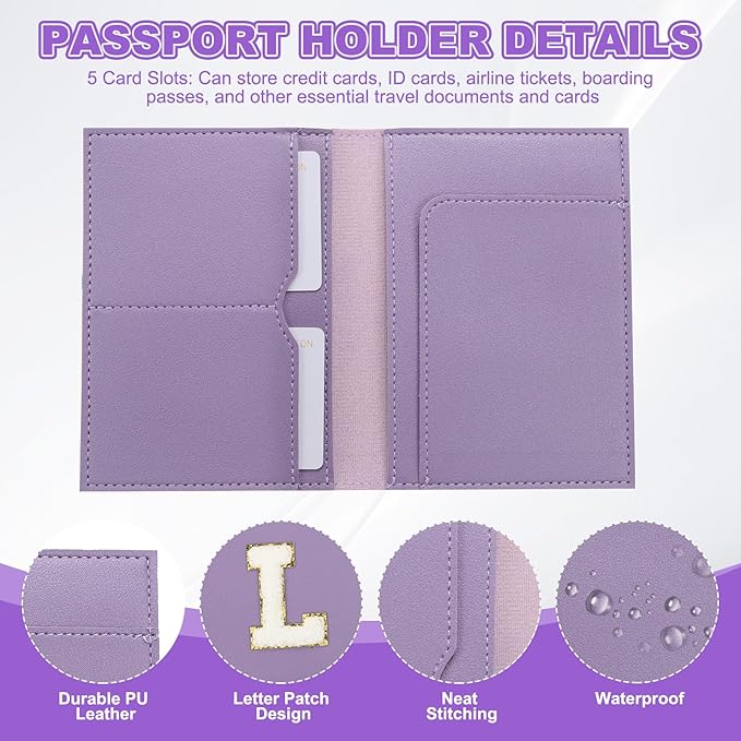 PATIKIL Passport Holder for Travel, Initial Passport Cover and Luggage Tag Set with Alphabet Chenille Letter Patch Travel Wallet Bag Suitcase Identifier for Women Family Travel Purple L