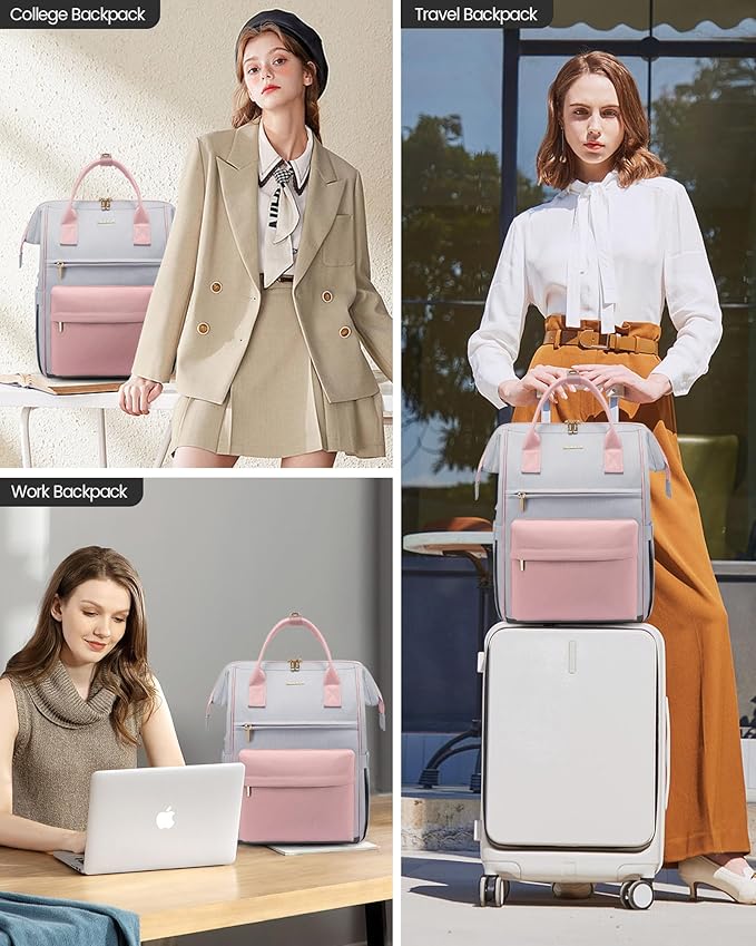 LOVEOVOOK 15.6 Inch Laptop Backpack for Women, Large Capacity Travel Backpack with USB Charging Port, Waterproof Work Backpack for Business, College, Nursing & Airline Travel,Pink&Gray