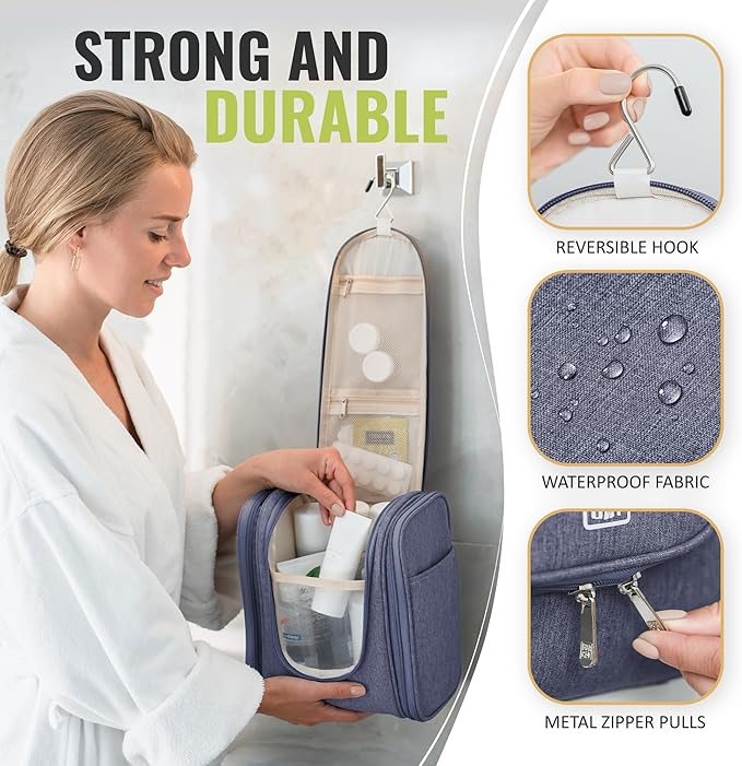 BOACAY Hanging Travel Toiletry Bag for Women and Men, Makeup Bag, Bathroom & Shower Organizer Kit for Accessories, Cosmetics, Travel Essentials