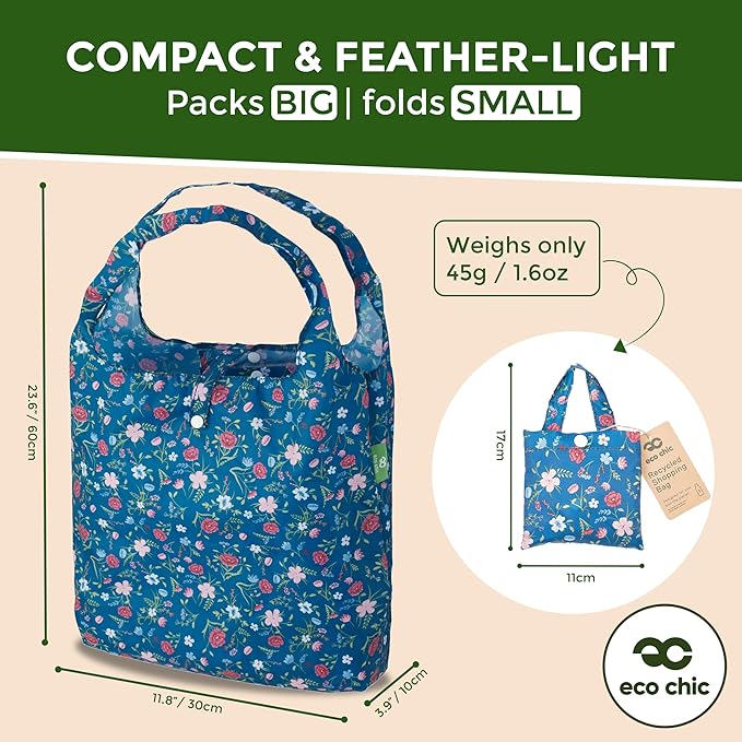 ECO CHIC Foldable Reusable Grocery Bags - Lightweight, Recycled & Reusable Shopping Bag - Waterproof Packable Tote