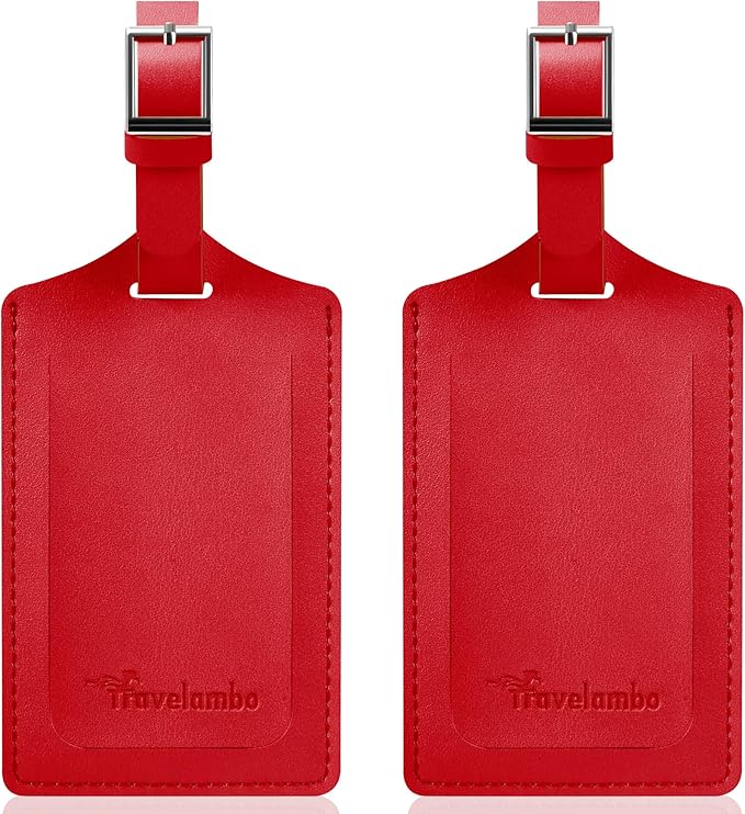 Travelambo Luggage Tags for Suitcases Faux Leather Privacy Protection 2 Pack Bag Tags Travel Accessories Essential, Deep Red
