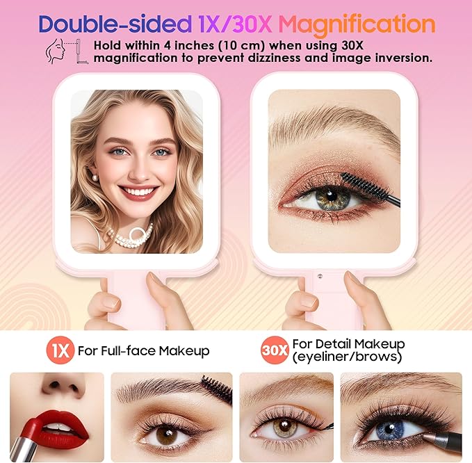 GOMIPURU Magnifying Travel Mirror with Light, 30X/1X Double-Sided Magnifying Mirror with 3 Color Lights, Brightness Adjustable,Foldable Handheld Makeup Mirrors Portable for Travel and Desktop Use,Pink