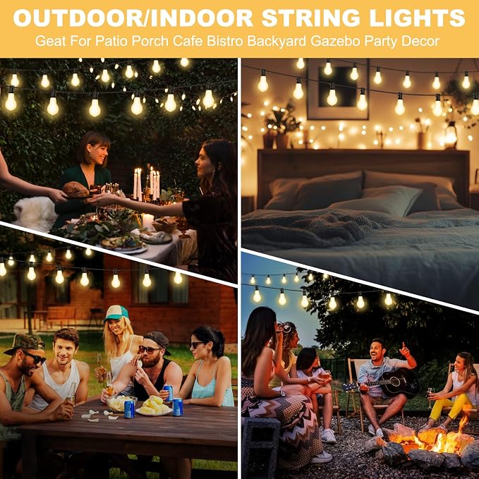 100FT Outdoor String Light 64+4Bulbs(1.5FT Spacing) 120W Dimmer Remote | 1.5FT Bulbs Spacing, IP65 Waterproof, Dimmable & 3Mode & timmer, Mounting Ties for Setup Outside Patio Porch Backyard