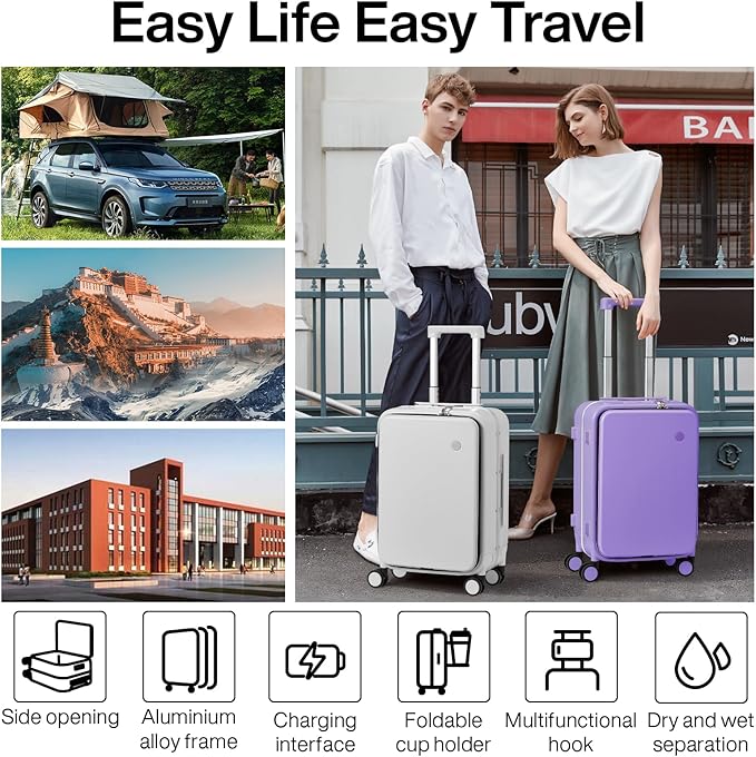 mixi Large Checked Luggage with Cup Phone Holder and Charger Hard Shell Suitcases with Spinner Wheels, 24 Inch Lilac Purple
