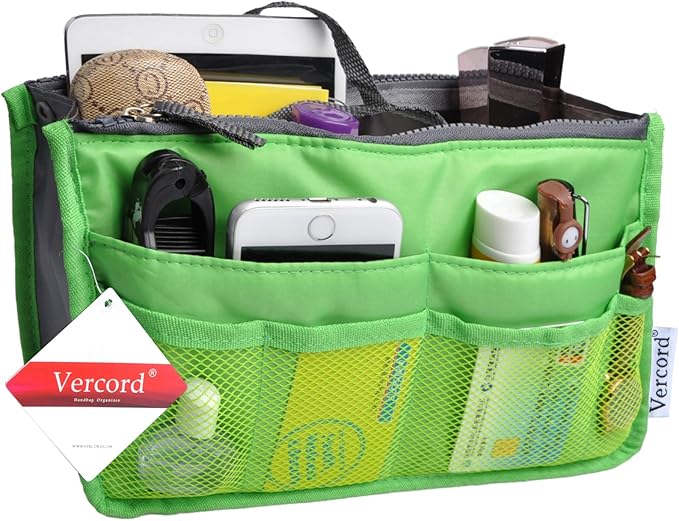 Vercord Purse Organizer Insert for Handbags Bag Organizers Inside Tote Pocketbook Women Nurse Nylon 13 Pockets Green Small