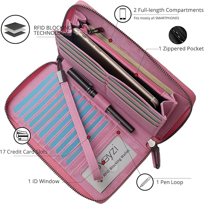 Bveyzi Women RFID Blocking Wallet Leather Zip Around Phone Clutch Large Capacity Ladies Travel Purse Wristlet | RFID Blocking, Zip Around, Large Capacity