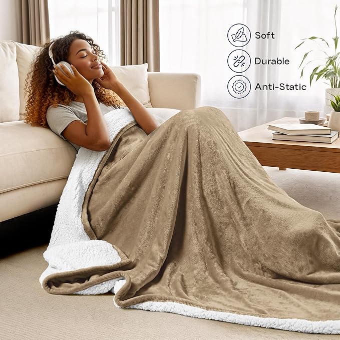 Utopia Bedding Sherpa Blanket Throw Size (Camel, 50x60 Inches) - Soft Lightweight Plush Fleece Reversible Blanket for Bed, Sofa, Couch, Camping and Travel