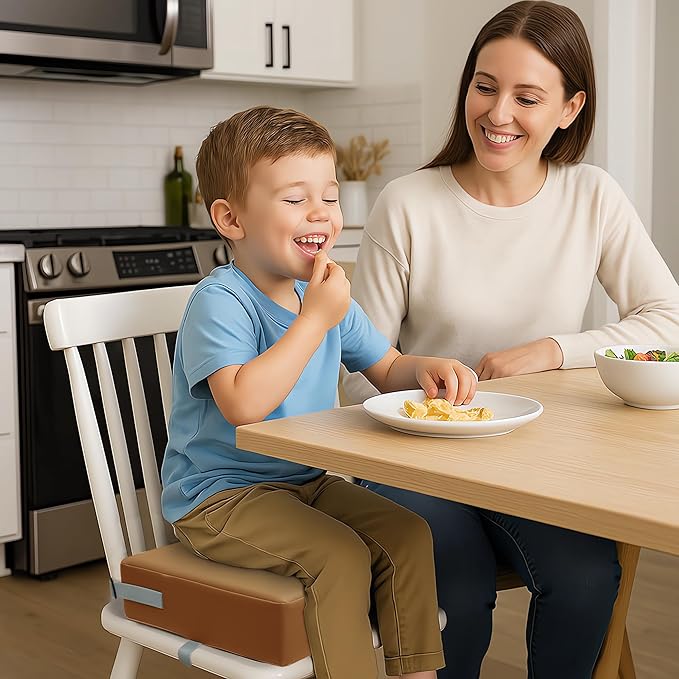Toddler Booster Seat Dining Table Kitchen Chair, Waterproof Anti-Scratch PU Cushion, Non-Slip Bottom, Adjustable Buckle Straps, Easy Clean Portable Seat Cushion (Brown)