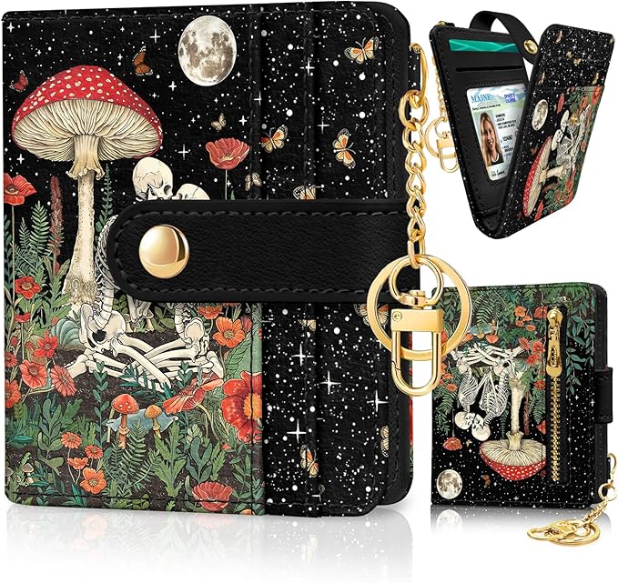 Jogjam Mushroom Skull Rfid Ladies Wallet, Small Slim Thin Compact Credit Card Women Wallet, Skeleton Goth Horror PU Leather Bifold Zipper Coin Pocket for Female
