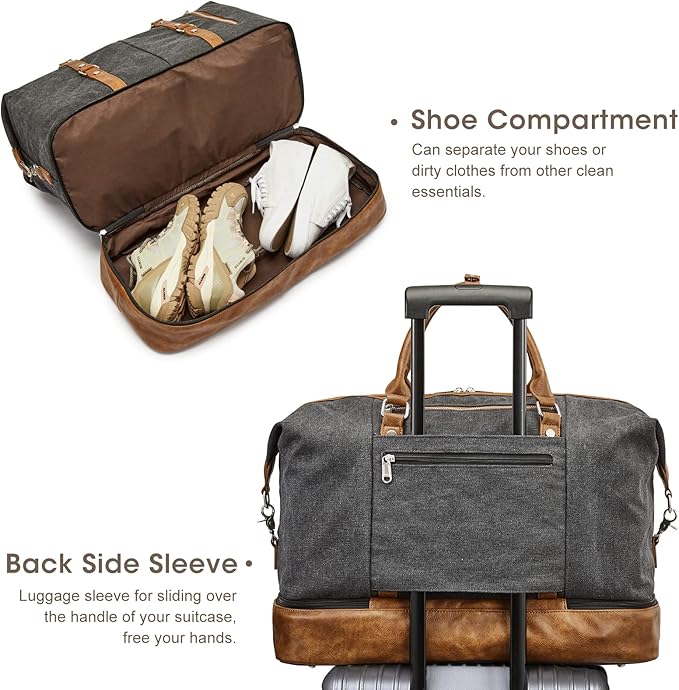 S-ZONE Weekender Bag for Men Canvas Duffle Large Weekend Overnight Travel Carry On Tote Bag with Shoe Compartment Black