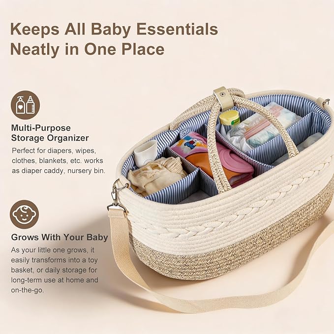 Baby Diaper Caddy Organizer, X-Large, 5 Grids, 8 Pockets, Shoulder Strap Portable Nursery Storage Basket with 2 Changeable Compartments, 100% Cotton Woven Rope Bins, Newborn Gift