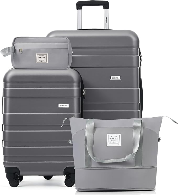 4-Piece Luggage Set, Suitcase with TSA Lock Travel Duffel Bag Wet-Dry Toiletry Bag, Grey