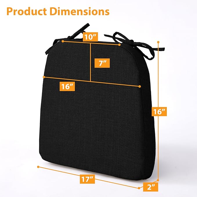 RUQMUISChair Cushions for Dining Chairs, 2" Thick Seat Cushions for Kitchen Chairs, D-Shaped Chair Pads with Washable Cover, Ties and Non Slip Backing, 17'' x 16'', Set of 2, Black