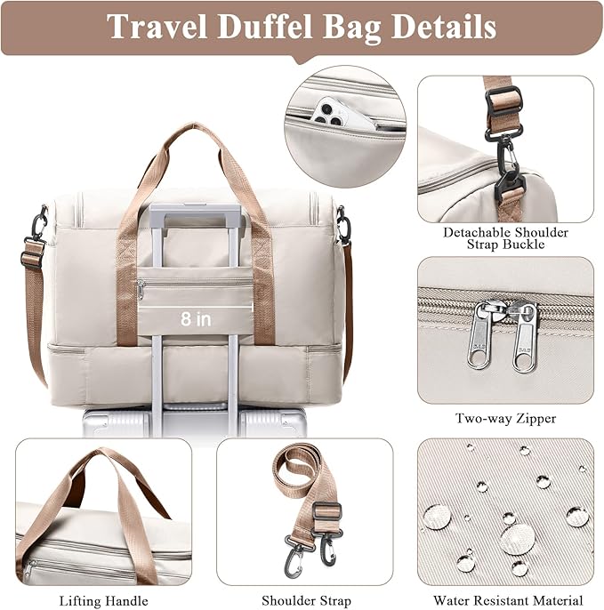 Travel Duffel Bag for Women, Carry-on Overnight Weekender Bags with Wet Pocket & Toiletry Bag, For Spirit Airlines 18x14x8 Personal Item Bag,Small,3 Pcs Set