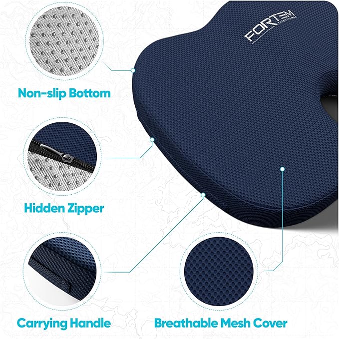 FORTEM Seat Cushion, Office Chair Cushion, Desk Chair Memory Foam, Sciatica Coccyx Tailbone Pain Relief, Pressure Relief, Sitting Pad, for Long Gaming & Sitting, Washable Cover, Non Slip