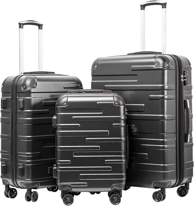 Coolife Hardside Luggage 3 Piece Set with TSA Lock, Spinner Wheels, Telescopic Handle, Lightweight Travel Suitcases (Grey, 3 piece set)