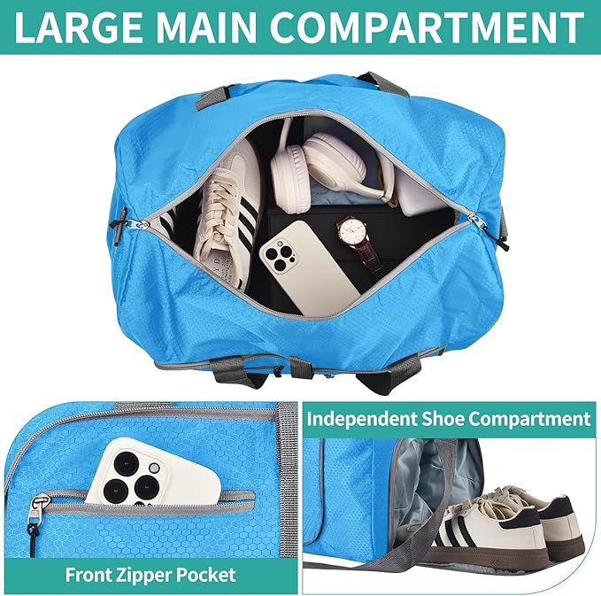Dimayar Travel Duffle Bag for Men Women - Foldable Duffel Bag with Shoes Compartment - Overnight Bags Waterproof & Tear Resistant(85L,Light Blue)