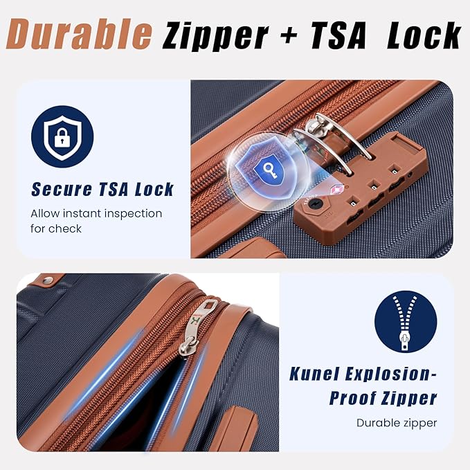 KUNEL Expandable 5 Piece Luggage Sets with Detachable Spinner Wheels and TSA Lock, Unisex Hardside ABS Suitcase Set, Hardshell Lightweight Waterproof Travel Hard Case Suitcases with Wheels, Darkblue