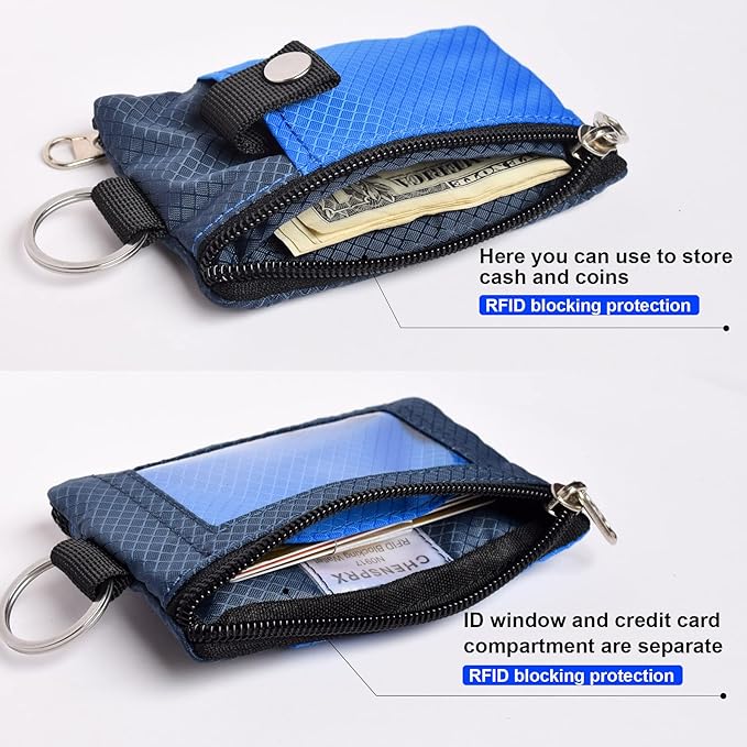 CHENSPRX Minimalist RFID Blocking Small Wallet with ID Window,WaterResistant Zip Id Case Wallet with Lanyard Keychain for Cards,Cash,Travel,Women,Men