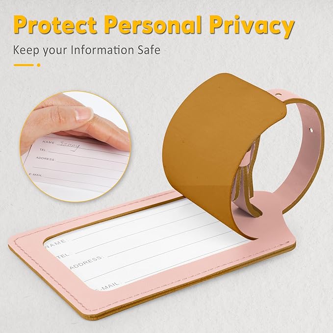 Travelambo Luggage Tags for Suitcases Faux Leather Privacy Protection 2 Pack Bag Tags Travel Accessories Essential, Lotus Pink