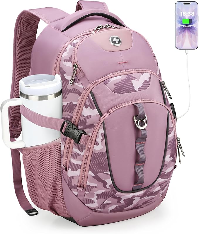 Swissdigital Design Laptop Backpack with USB Charging Port, Travel Backpack Fits 15.6 inches Computer, 31L College School Backpack for Men, Pink Camo | SD803-93