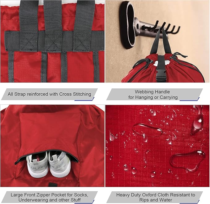 BeeGreen Laundry-Bag-Backpack-Extra-Large, Red Nylon Drawstring Portable Laundry Backpack Tall Foldable Heavy Duty Dirty Clothes Travel Bag with Handle College Dorm Apartment Essentials