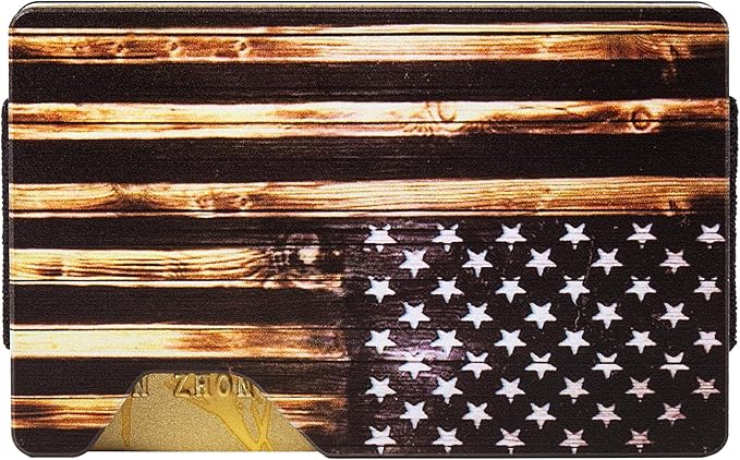Carbon Fiber Minimalist Wallet for Men Credit Card Holder Money Clip & Cash Strap Slim RFID Mens Wallets(Patriot-Wood Flag)