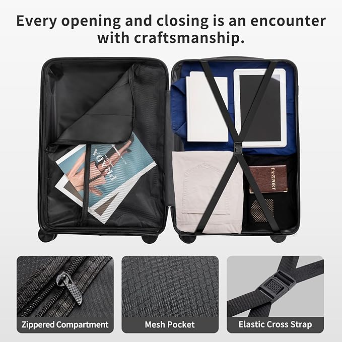 Karl home Luggage Sets 5 Piece, PP Hard Case Suitcase Set with Built-in Lock Spinner Wheels, Lightweight Durable Carry on Luggage for Business Travel - Black (12/16/20/24/28")