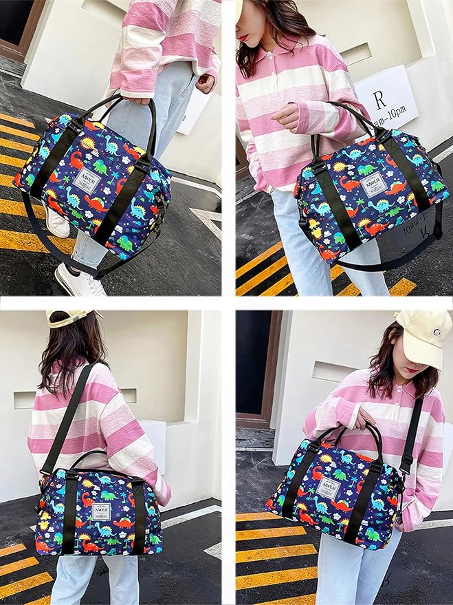 Travel Duffle Bag Weekender Overnight Bag Gym Tote with Dry and Wet Separated Pocket for Women Girls Shoulder Workout Duffel Bag Water Resistant (cute dinosaurs)
