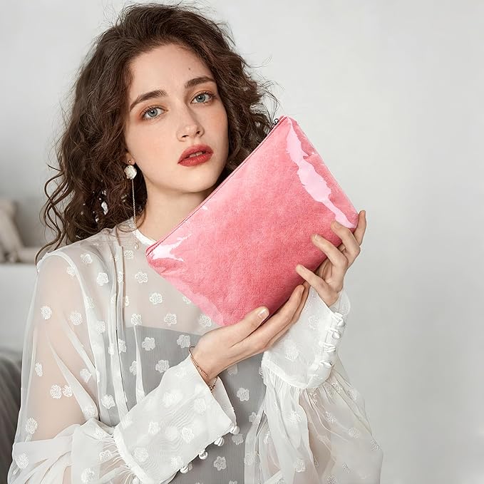 WLLWOO PVC Waterproof Makeup Bag Kraft Paper Cosmetic Bag Travel Toiletry Zipper Pouch Organizer for Women Purse