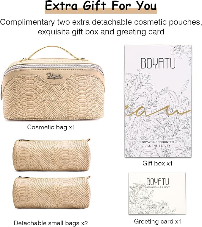 BOYATU Travel Makeup Bags for Women: 3 Pcs Set Wide Open Cosmetic Bag - Portable Make up Bags with Handle - Vegan Leather Toiletry Organizer Bag with Divider (G-04-Beige)