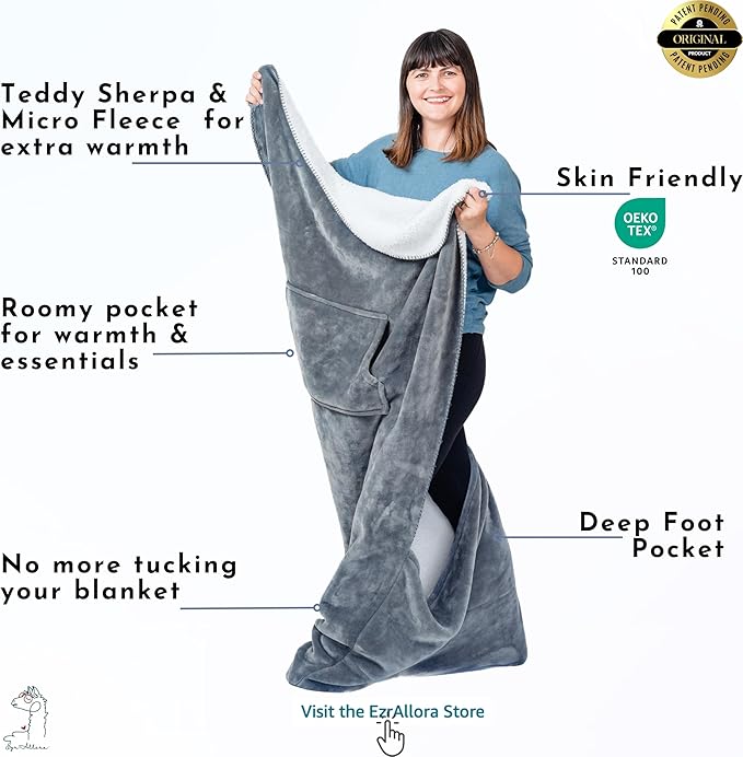 Premium Double Layer Foot Pocket Blanket -Patent Pending- Gamer Gift for Men Who Have Everything - Useful Gifts for Men Who Wants Nothing (Double Layer, Silver Grey)
