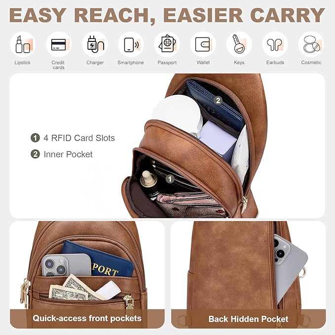 SYTRAH Anti Theft Crossbody Bags for Women, RFID Sling Bag Travel Purse, RFID Cross Body Purses Chest Bag for Travel Brown