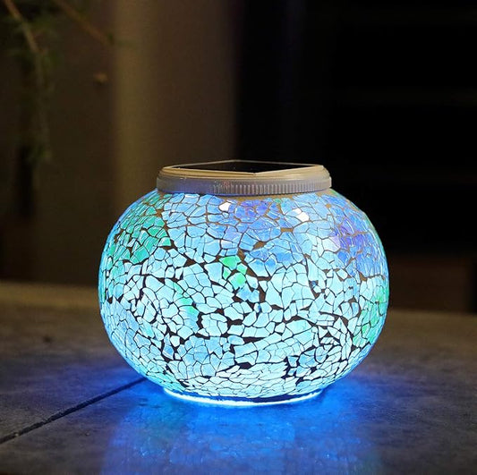 WSgift Color Changing Solar Powered Glass Mosaic Ball Led Garden Lights, Rechargeable Solar Table Lights, Outdoor Waterproof Solar Night Lights Table Lamps for Decorations, Ideal Gifts