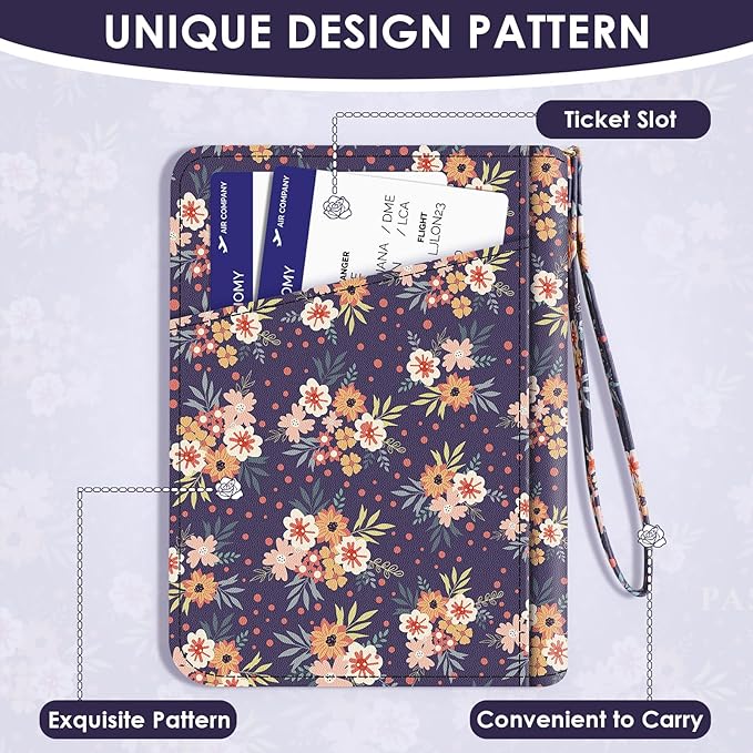 KONVINIT Passport Holder For Travel, RFID Blocking Leather Passport Cover For Travel Accessories, Passport Wallet with Zipper Closure, Cute Passport Book for Women and Men, Navy Blue Flowers