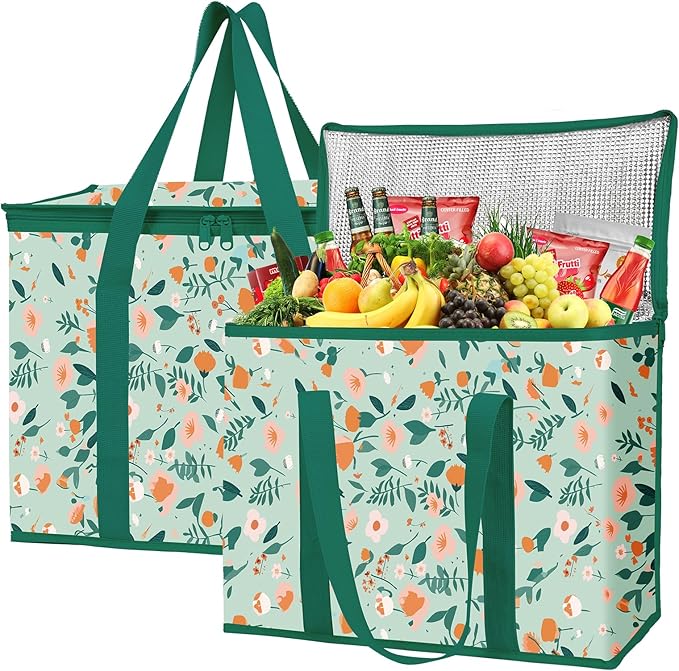 musbus 2-Pack extra Insulated Grocery shopping bag, large Green leaf, kitchen foldable reusable bags groceries,Sturdy zipper,Collapsible,tote,cooler,for transport women,Durable carrier