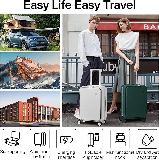 mixi Large Checked Luggage with Cup Phone Holder and Charger Hard Shell Suitcases with Spinner Wheels, 26 Inch Blackish Green