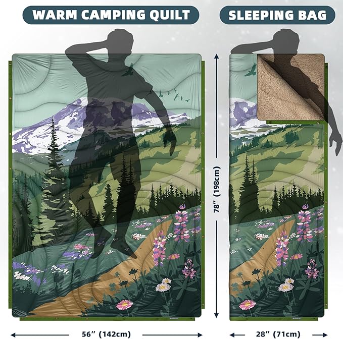 Outdoor Camping Blanket with Sherpa Lining, Extra Warm Thick Camp Blankets and Puffy Ultralight Soft Poncho DWR Camping Quilt for Cold Weather, Adventure, Sleeping, Backpacking 78"x 56"