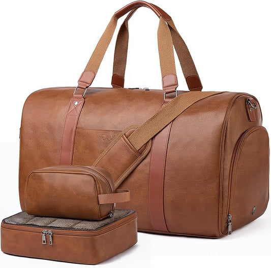 Large 3-in-1 Leather Duffle Bag for Travel Weekender Overnight Hospital Gym Bag for Men & Women, Carry On Airline Approved Personal Item Duffel Garment Bag Luggage with Shoe Compartment & Toiletry Bag